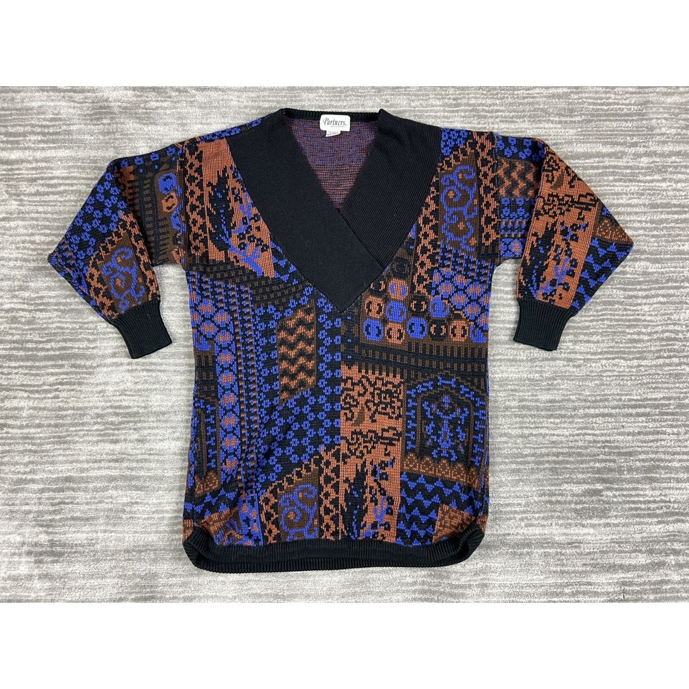 Partners by Mervyns Sweater Women Medium Blue Brown Vintage Patchwork V-Neck 80s